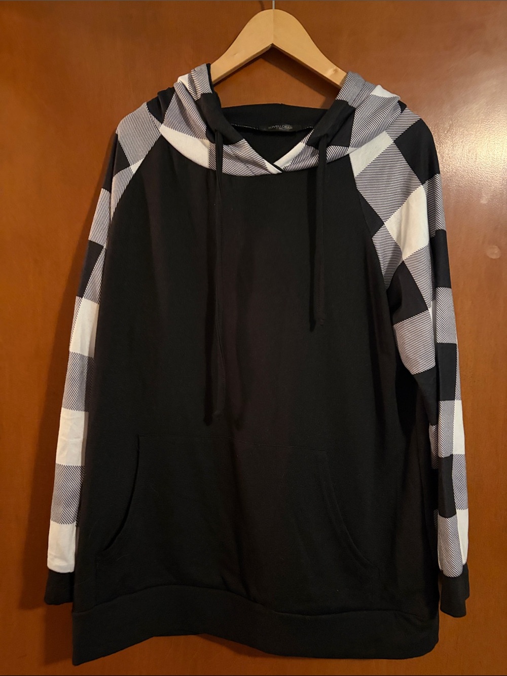 Women’s Black Pullover Hoodie with Black & White Plaid Sleeves
